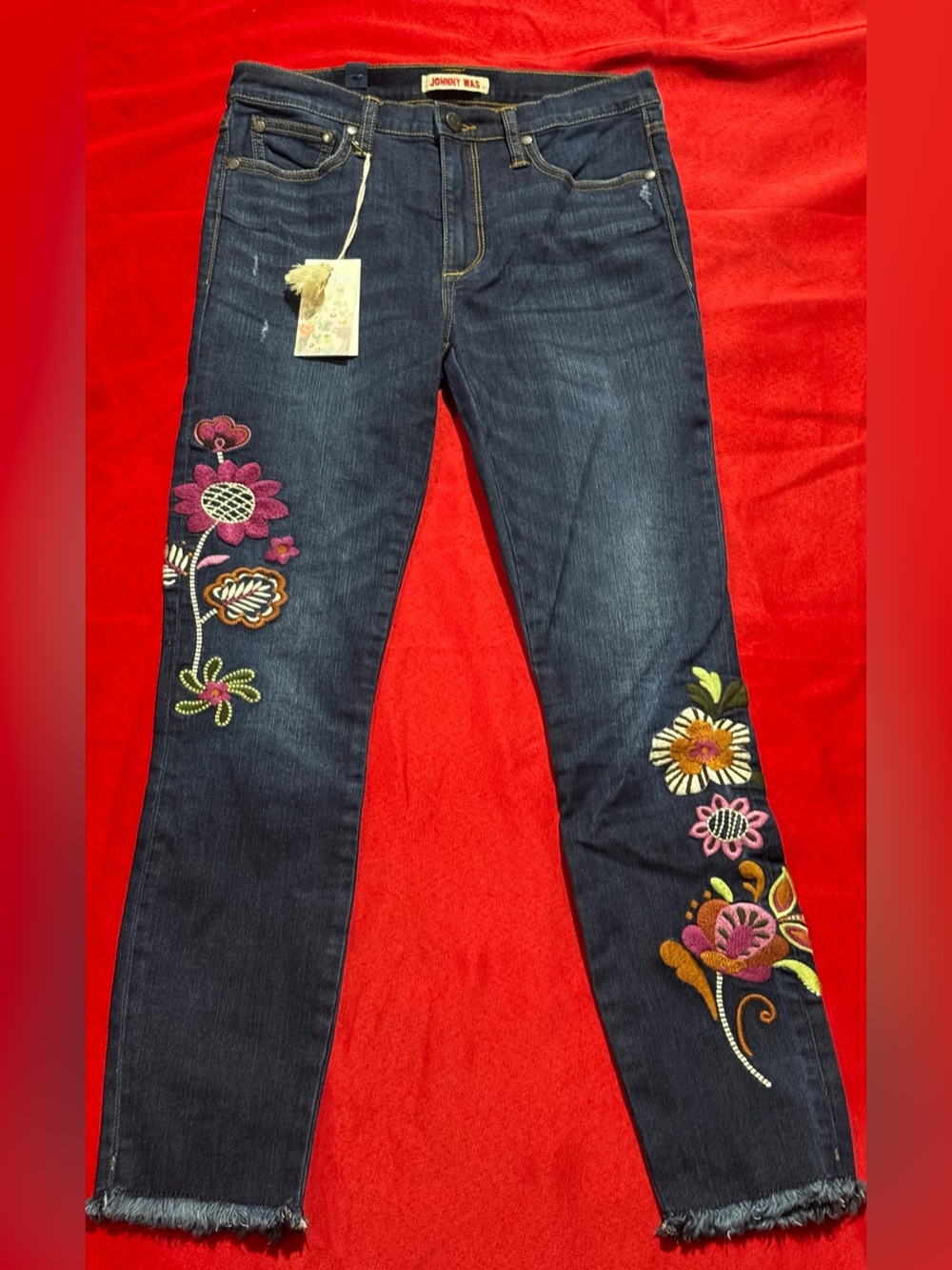 Johnny Was Dark Indigo Skinny Jeans with Pink, Yellow & Green Floral Embroidery